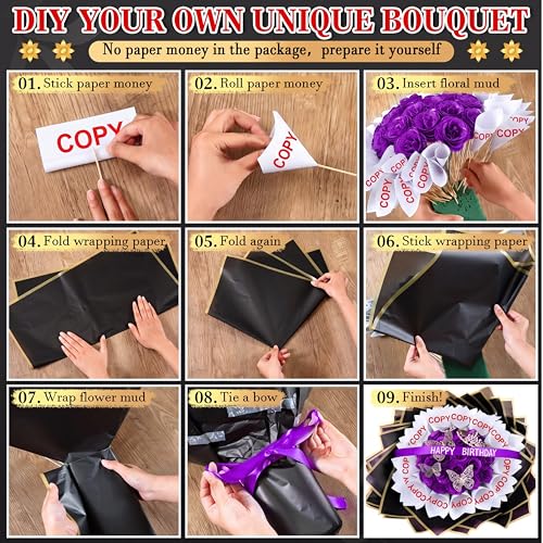 Money Bouquet Kit 12 Pcs Glitter Roses 20 Sheet Flower Wrapping Paper DIY Flower Bouquet Floral Foam Blocks Sticker for Anniversary Birthday Mother's Day Graduation(Purple) - color: Purple