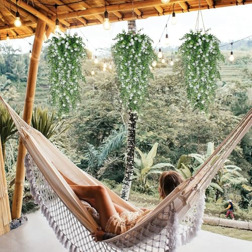 Artificial Hanging Flowers for Outdoor Indoor Decor, 6 Packs Fake Eucalyptus Vine Faux Flower Greenery Garland Plastic Plants Outside Wall Garden Wedding Home Party Decor (White) - color: White