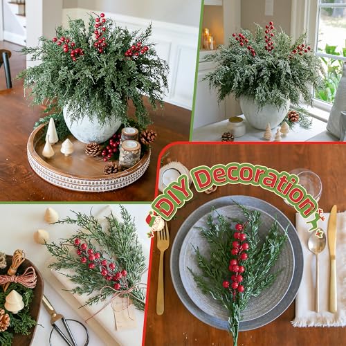 Cedar Stems Artificial Norfolk Pine Branches for Christmas Decor, 12 PCS Fake Pine Stems with 3 PCS Red Berries Branches Realistic Fake Plants Faux Greenery for Vases DIY Garland Xmas Table Indoor - color: 12 Pcs Cedar Stems, 3 Pcs Red Berry Stems