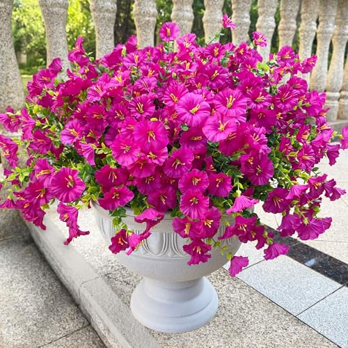 Artificial Flowers for Outdoors Spring Summer Decoration, 16 Bundles Fake Silk Realistic Morning Glory UV Resistant Faux Plastic Plants for Planter Front Door Porch Patio Yard (Fuchsia) - color: Fuchsia
