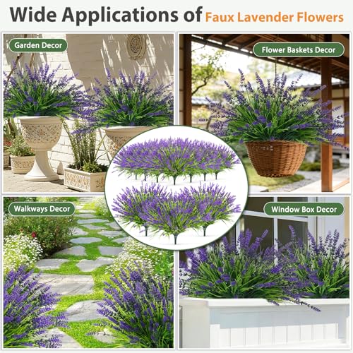 Qinzave 32 Bundles Faux Lavender Plants Outdoor, UV Resistant Artificial Lavender Flowers with Monkey Grass for Garden, Patio, Planter, Hanging Basket, Front Porch, Pathway Decor (Purple) - color: Purple