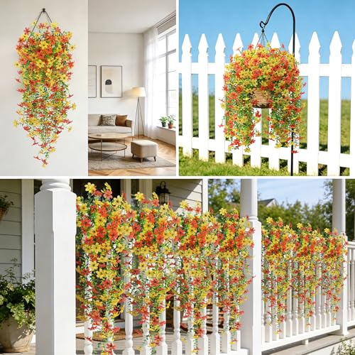 Roberly 4 Pcs Artificial Hanging Flowers for Outdoors, Realistic Faux Silk Flowers UV Resistant Fake Greenery Plants for Spring Summer Garden Porch Indoor Outdoor Home Decor, Orange Yellow - color: Orange Yellow