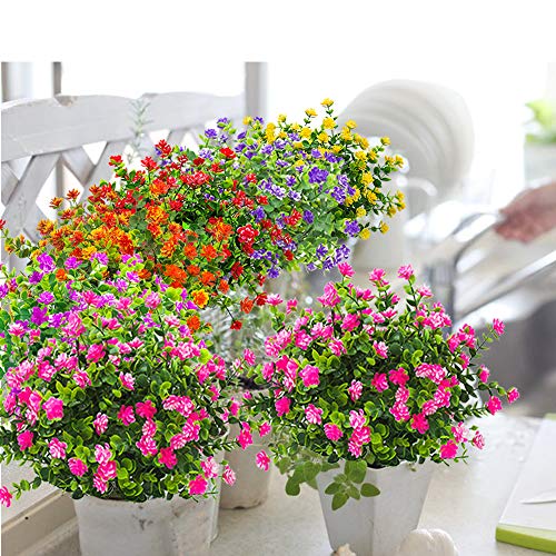 Grunyia 10 Bundles Artificial Fake Flowers, Faux Outdoor Plastic Plants UV Resistant Shrubs Outside Indoor Decorations (Pink-Eucalyptus) - color: Pink-eucalyptus