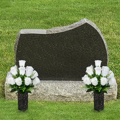 Artificial Cemetery Flowers, Grave Memorial Flowers, Set of 2 Artificial Rose Bouquet with Vase for Cemetery Headstones Gravesites Decoration (White) - color: White