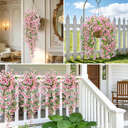 Roberly 4 Pcs Artificial Hanging Flowers for Outdoors, Realistic Faux Silk Flowers UV Resistant Fake Greenery Plants for Spring Summer Garden Porch Indoor Outdoor Home Decor, Pink - color: Pink