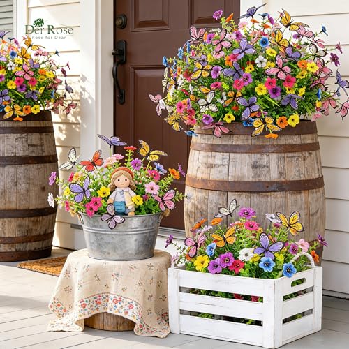 Der Rose 12Pcs Artificial Flowers for Outdoors with Large Fake Butterfly Flowers, Colorful Faux Flowers UV Resistant Outdoor Plants for Porch Patio Garden Window Box Outside Decor - color: Colorful D