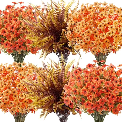 20 Bundles Artificial Fall Flowers for Outdoors Decoration, Fake Mums Silk Daisy Faux Plastic Plants Boston Fern UV Resistant for Autumn Thanksgiving Garden Planters Home Decor, Mixed Orange - color: Yellow Orange