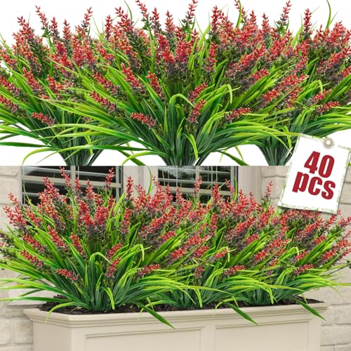 40 Bundles Artificial Plants Outdoor Fake Monkey Grass with Lavender Flowers Plastic UV Resistant Greenery Shrubs for Window Box Porch Garden Patio Outdoor Decor(Red) - color: Red