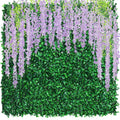 54 Pack Greenery Backdrop with Flowers Include 18 Pcs 16" x 24" Grass Wall Panels Artificial Hedge Boxwood Panels 36 Pcs 3.6 Feet Wisteria Hanging Flowers Garland for Wedding Summer(Purple) - color: Purple