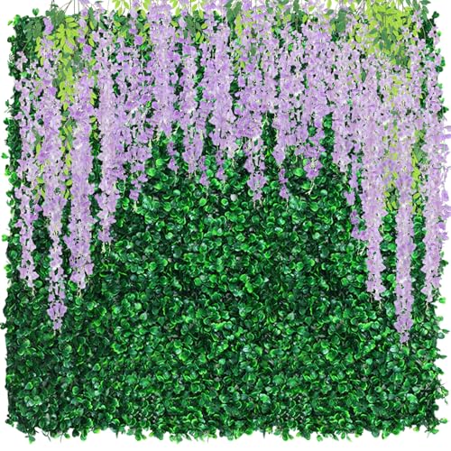 54 Pack Greenery Backdrop with Flowers Include 18 Pcs 16" x 24" Grass Wall Panels Artificial Hedge Boxwood Panels 36 Pcs 3.6 Feet Wisteria Hanging Flowers Garland for Wedding Summer(Purple) - color: Purple