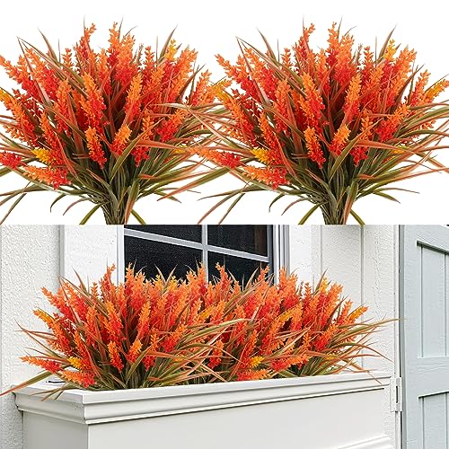RECUTMS Artificial Fall Mums Flowers Plants Outdoors, Faux Plastic Shrubs Fake Greenery UV Resistant for Garden Patio Decor Window Box Office Hanging Planter Pathway Front Porch(Samlon) - color: Salmon