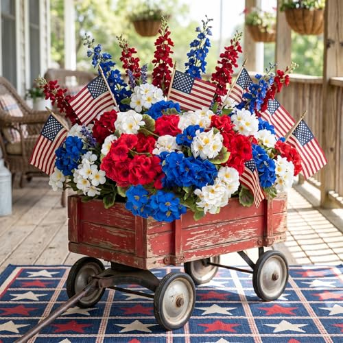 lovemoon 16 Pcs Artificial Geraniums Realistic Silk Patriotic Flowers, Red White Blue Faux Geranium Flowers for Outdoor Home 4th of July Office Decoration(16, Red White Blue) - color: Red, White, Blue
