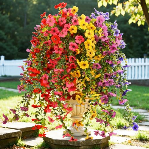 6 Bundles Artificial Flowers for Outdoors,UV Resistant Fake Hanging Flower,Realistic Silk Flowers for Indoor Outside Garden Patio Balcony Farmhouse Porch (Fuchsia, Red, Purple, Yellow, Blue) - color: 5 Multicolor