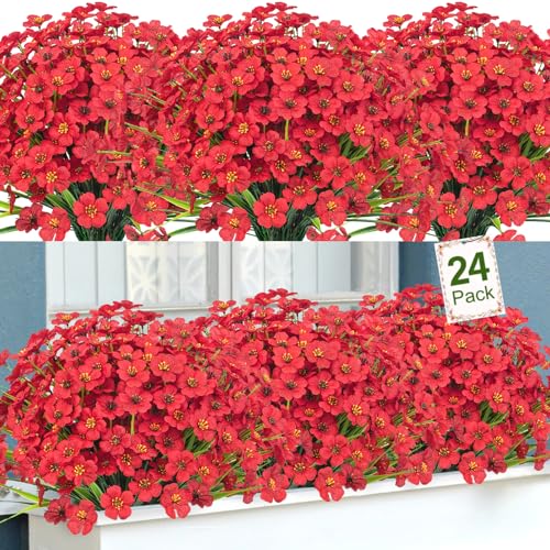 Ouddy Decor 24 Bundles Artificial Flowers for Decorations Fake Silk Plants for Outdoors UV Resistant Faux Plastic Greenery Stems for Garden Porch Window Box Home Spring Decor, Red - color: Red, size: 24 Bundles