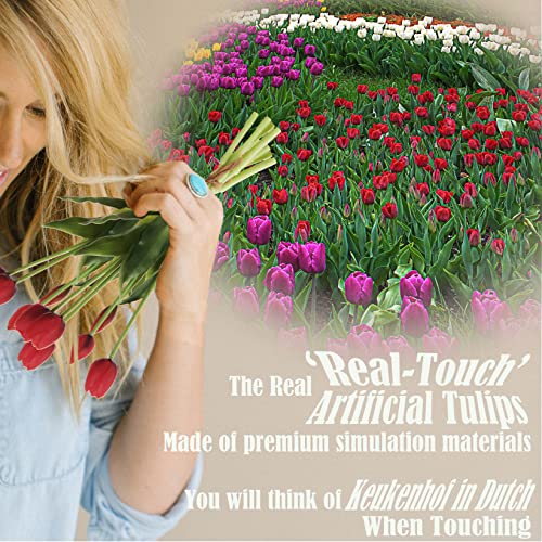20pcs Artificial Tulip Flowers,16 Inch Real Touch Tulip Stems with Faux Leaves, Faux Tulips and Buds for Home Décor Centerpiece Ornament Wedding Bouquet,Red - color: Red