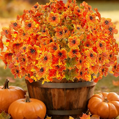 Artificial Fall Flowers for Outdoors,Faux Silk Flowers Fall Decorations,Fake Mums Eucalyptus Plants Christmas Halloween Decor for Outdoor Patio,Window Planter Autumn Fall Decor(10PCS,Orange) - color: 3(aut+gc)