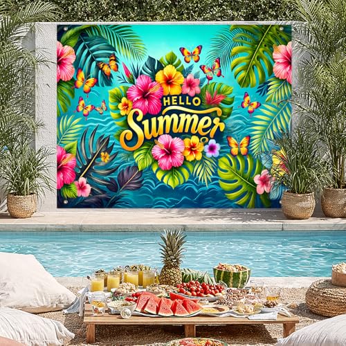 BlissYard Hello Summer Tropical Floral Backdrop 8x6ft Beach Leaf Flower Background Colorful Hibiscus Palm Butterfly Design for Summer Party Birthday Pool Event Photo Booth Decoration Banner - color: Summer Beach#06