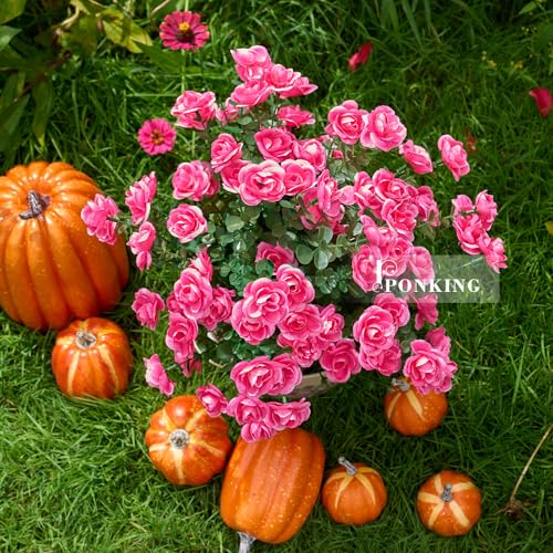 PONKING Artificial Flowers for Outdoors Patio Decoration 6 Bundles Fake Flower Rose UV Resistant Faux Plants Yard Garden Porch Home Boxwood Planter Patio Decor, Fuchsia Flower - color: D Fuchsia Rose 6pcs