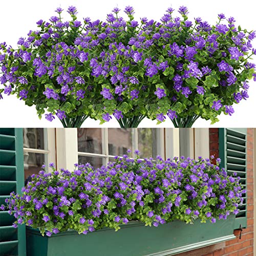 6 Bundles Artificial Flowers, Fake Artificial Greenery UV Resistant No Fade Faux Plastic Plants for Wedding Bridle Bouquet Indoor Outdoor Home Garden Kitchen Office Table Vase (Purple) - color: Purple