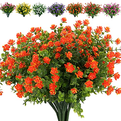 24 Bundles Artificial Flowers Fake Boxwood Shrubs UV Resistant No Fade Faux Greenery Faux Plastic Lotus for Home Garden Hanging Planter Indoor Porch Patio Office Wedding Decoration(Orange Red) - color: Orange Red