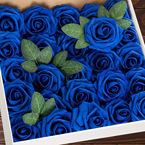 Higfra Artificial Flowers 25pcs Real Looking Royal Blue Foam Fake Roses with Stems for DIY Wedding Bouquets White Bridal Shower Centerpieces Arrangements Mothers Day Party Tables Decorations - color: Royal Blue, size: 25Pcs