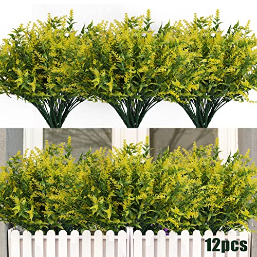 RECUTMS 12 Bundles Artificial Flowers Outdoor UV Resistant Outdoors Fake Plants Faux Plastic Flower in Bulk for Hanging Planters Outside Porch Vase Home Window Decoration,Spring Decorations(Yellow) - color: Yellow, size: 12 Bundles