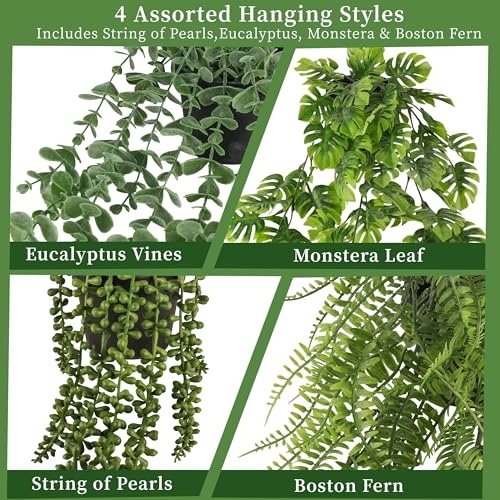 4 Pack Artificial Hanging Plants Indoor – Faux Hanging Wall Plants, String of Pearls, Eucalyptus & Monstera, Fake Hanging Potted Plants for Shelf Wall Home Office Decor - color: Green 4 Pot