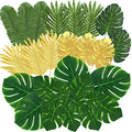 QUANQIUFEI 100 Pcs 8 Kinds Artificial Palm Leaves Tropical Fake Leaves, Monstera Leaf Gold and Green Faux Leaves for Safari Jungle Hawaiian Dinosaur Luau Party Table Decoration