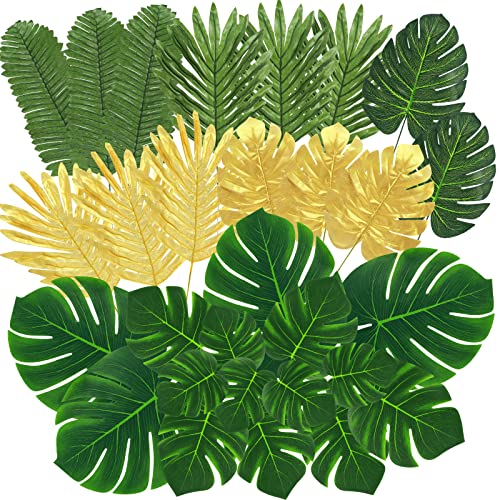QUANQIUFEI 100 Pcs 8 Kinds Artificial Palm Leaves Tropical Fake Leaves, Monstera Leaf Gold and Green Faux Leaves for Safari Jungle Hawaiian Dinosaur Luau Party Table Decoration - color: Color a