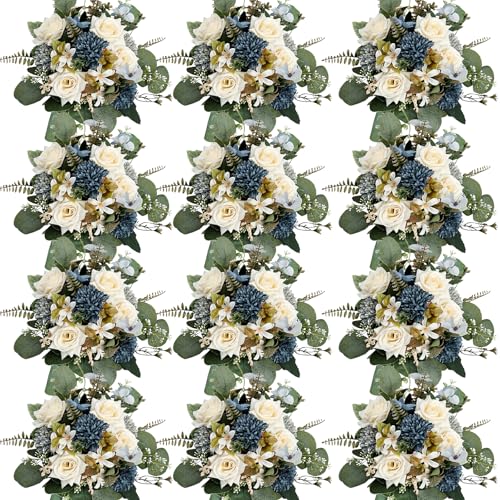 Artificial Mum Flowers 12 Bundles Silk Chrysanthemum Flowers Fake Roses Peonies with Eucalyptus, Realistic Faux Peonies for Vase Arrangement, Home Decor, Wedding Centerpiece - White Blue - color: White Blue