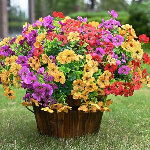 LADADA 12 Bundles UV Resistant Artificial Flowers Outdoor, Fake Daisy Faux Plants with Eucalyptus for Outside Planter Yard Home Patio Garden Decoration, Multicolor - color: Red Yellow Purple