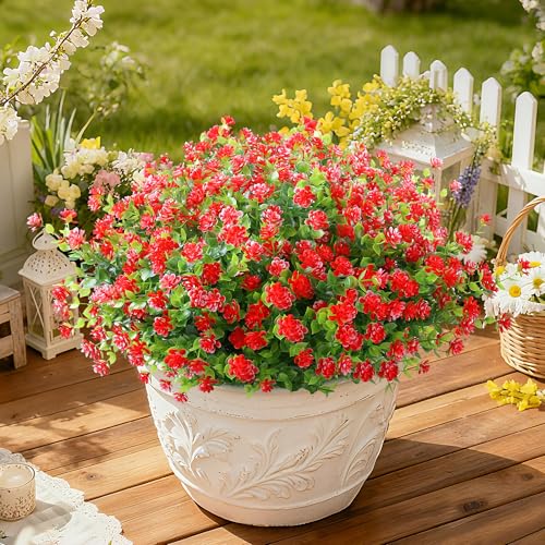 SITUMEIZI 8 Bundles Red Artificial Flowers Outdoor Fake Flower Plastic UV Resistant Shrubs Greenery Plants Hanging Decorations Garden Porch Window Box Farmhouse Outside Summer Indoor Decor - color: Red