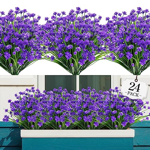 AGIRL 24 Bundles Artificial Flowers for Outdoor,No Fade Fake Plastic Flowers Faux Plants for Decoration Hanging Planters Indoor Outside Garden Porch Window Box Home Wedding Farmhouse - color: Dark Purple, size: 24