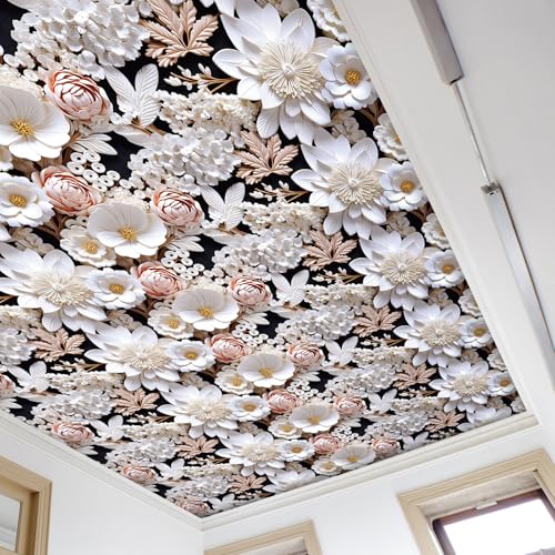 FunStick 17.5"x354" White Faux 3D Floral Peel and Stick Wallpaper Black Pink Embossed Floral Wallpaper for Bathroom Living Room Accent Wall Panels Self Adhesive Contact Paper for Walls Shelves Vinyl - size: 354" x 17.5"