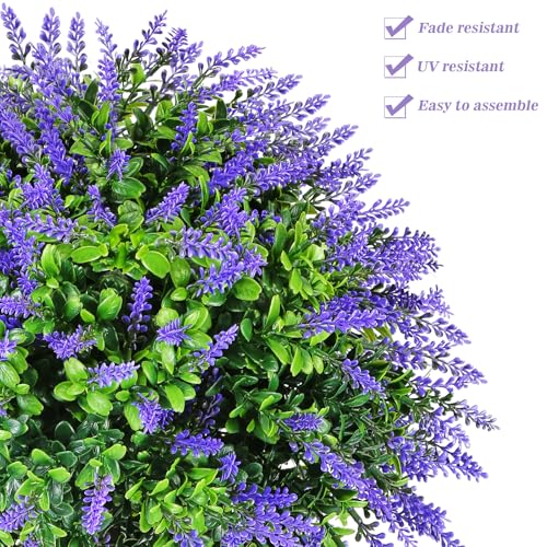Set of 2 Artificial Christmas Boxwood Topiary Ball Shrubs, 20" UV-Resistant Faux Outdoor Plants with Ground Spikes — Realistic Purple and Green Decorative Bushes for Porch, Patio, Garden, Yard Décor - color: 2pcs 20in Lavender Boxwood