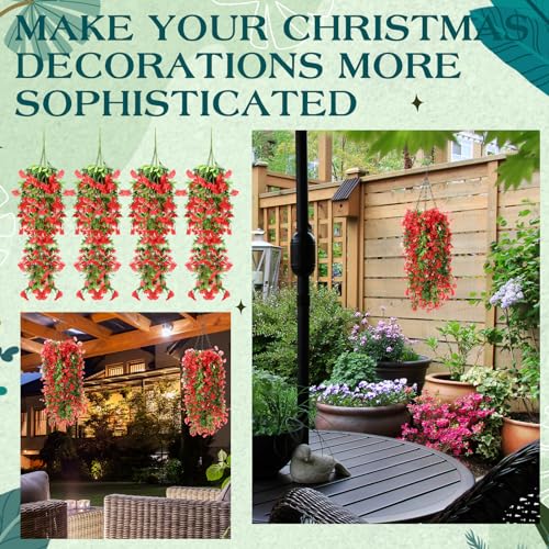 Hotop 2 Set Artificial Flowers with Hanging Basket Includes 6 Pcs Morning Glory Vines Faux Outdoor Hanging Plants Waterproof UV Resistant Fake Flowers for Patio Spring Summer Decor(Red) - color: Red