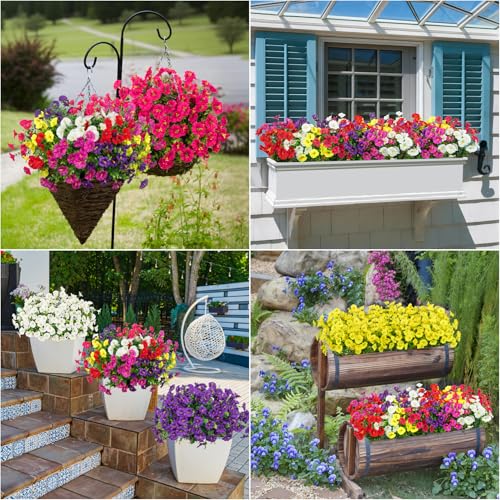 Bassion Artificial Flowers for Outdoors, 20 Bundles Silk Fake Flowers UV Resistant Realistic Morning Glory Faux Eucalyptus Plants for Outside Planters Porch Window Box Garden Indoor Decor - color: Multi Color(red,white,yellow,purple,rose Red,fuchsia)
