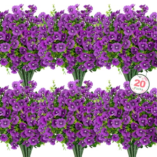 Roberly 20 Bundles Artificial Flowers for Outdoors, Fake Silk Flowers with Plastic Eucalyptus Greenery Stems Realistic Faux Plants for Spring Summer Porch Patio Yard Garden Vase Home Decor, Purple - color: Purple