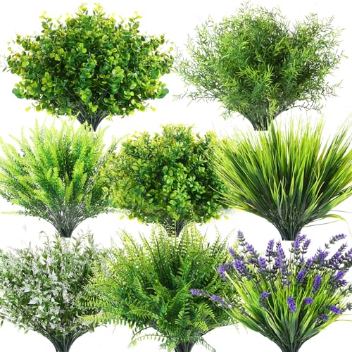 Ceenna 64 Bundles Artificial Plants Fake Bushes Grass Faux UV Resistant Bulk Plastic Shrubs Wheat Grass Flowers Greenery Outdoor for Vases Farmhouse Garden Decor Wedding Window Hanging Basket