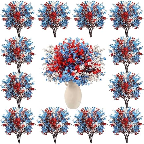 Lyrow 48 Pcs Red Blue White Patriotic Artificial Flowers 4th of July Table Centerpieces Decor Fake Babys Breath Pick Stems Floral Arrangement for 250th Anniversary Veterans Day Home Outdoor