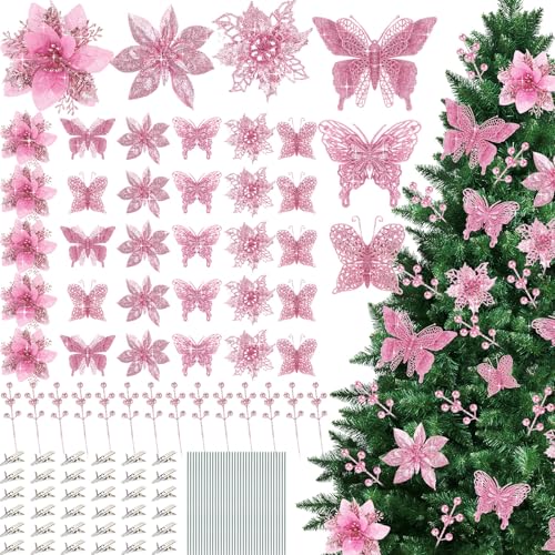 Thiccywoov 122 Pcs Christmas Glitter Poinsettia Artificial Flowers Berry Picks Butterfly Christmas Tree Ornaments 3 Styles Poinsettia kit with Clip for Xmas Wreath Home Tree Decor(Pink) - color: Pink