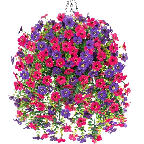 HyeFlora Artificial Hanging Flowers Basket for Outdoor, Fake Flowers Faux Plants Look Real for Yard Gardens Porch Patio Home (Darkpurple+Hotpink) - color: Darkpurple+hotpink