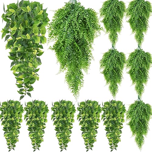 Hoteam 12 Pcs Artificial Hanging Plants 32 Inch Fake Ivy Vines with Fake Leaves Patio Artificial Plants Greenery for Living Room Indoor Outdoor Wall, No Basket (Pothos,Persian Grass) - color: Pothos, Persian Grass