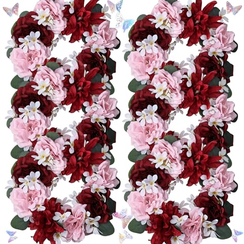 Artificial Flower Candle Rings - 6 Inch Inner Rose Floral Wreaths with Butterflies for Wedding Bridal Event Table Centerpieces Backdrop Decorations (Burgundy & Pink, 6 X Candle Rings) - color: Burgundy & Pink, size: 6 X Floral Wreaths