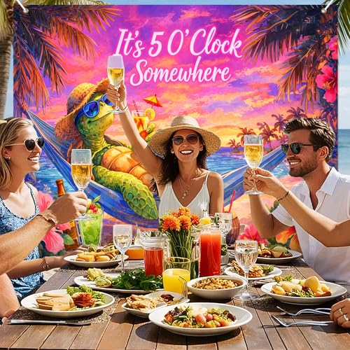 BlissYard Summer Backdrop 8x6ft Tropical Turtle Hammock Beach Party Background Cloth for Photography, Sunset Island Luau Banner Photo Booth Scene with Hibiscus Flowers Ocean Cocktail Decor - color: Tropical Turtle#2