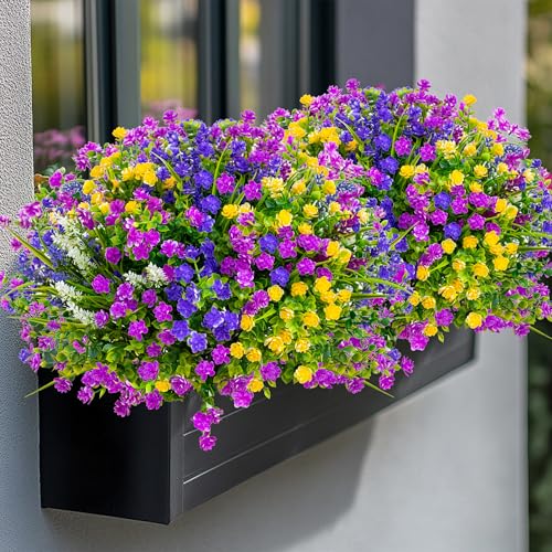 AXYLEX Artificial Flowers Outdoor Fake Plants - 12 Bundles UV Resistant Shrubs No Fade Faux Plastic Greenery Home Garden Porch Patio Decoration Indoor (1, Multi-12pcs) - color: 12 Pcs - Magenta+purple+yellow+lavander