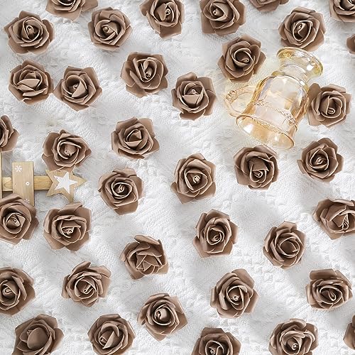Artificial Roses,200PCS Foam Roses 1.97in Rose Flower Heads Craft Flowers for DIY Wedding Party Home Decoration(Light Brown) - color: Light Brown