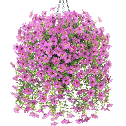 HyeFlora Artificial Hanging Flowers Basket for Outdoor, Fake Flowers Faux Plants Look Real for Yard Gardens Porch Patio Home (Purple) - color: Purple