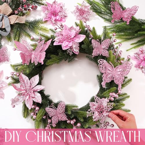 Thiccywoov 122 Pcs Christmas Glitter Poinsettia Artificial Flowers Berry Picks Butterfly Christmas Tree Ornaments 3 Styles Poinsettia kit with Clip for Xmas Wreath Home Tree Decor(Pink) - color: Pink