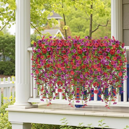 Artificial Fake Hanging Flowers Plants for Outdoor , 4PCS Faux Silk Daisy No Fade Spring Summer Decoration UV Resistant Realistic Plants plastic Flowers for Porch Patio Balcony Yard Decor(Purple Red) - color: Purplered